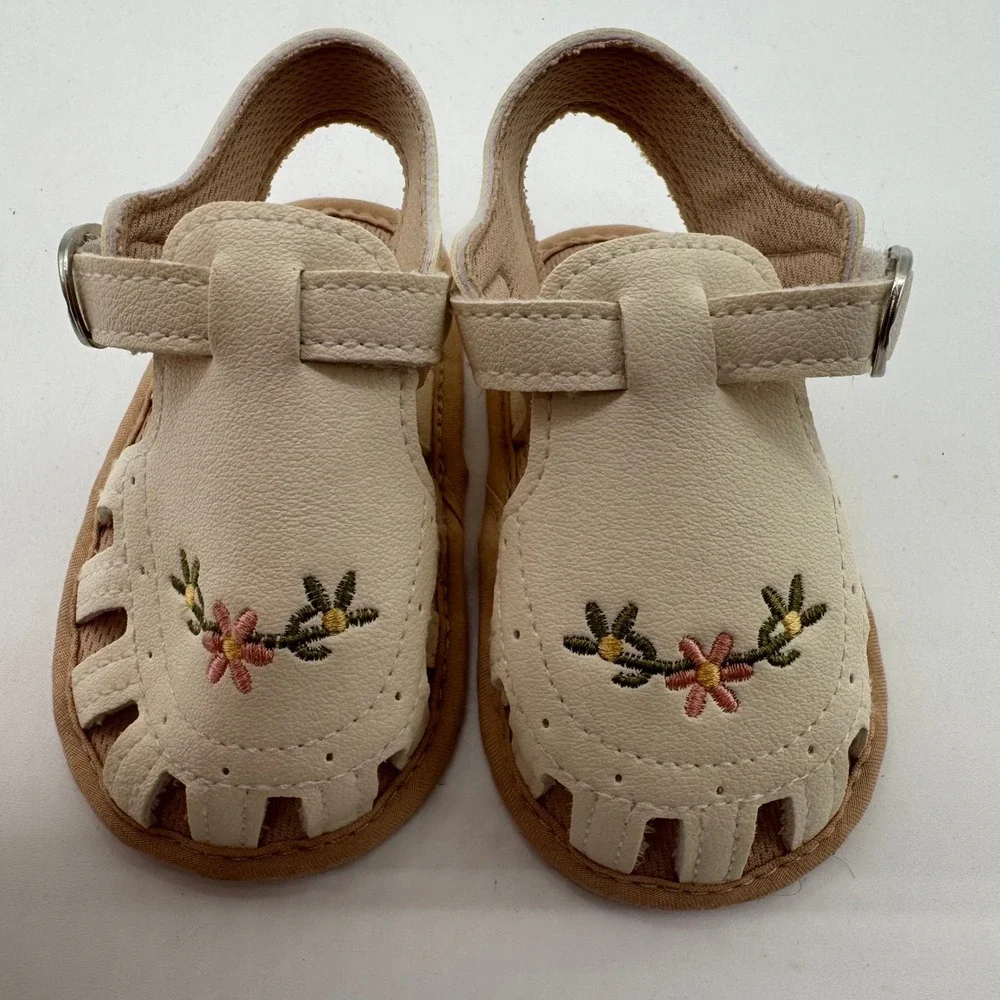 Baby Girls Floral Embroidered Soft Sole Sandals Cream Size 5